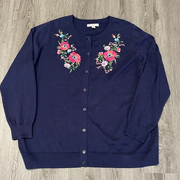 Vintage Embroidered Cardigan Sweater Sz 18 Navy Floral Button Down Cottagecore - Picture 4 of 10